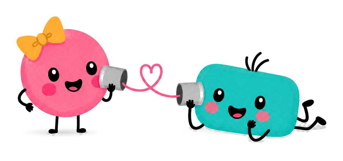 Dot and Dash talking through a tin-can telephone